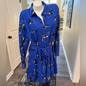 NEW Nine West Shirt Dress Womens Sz XL Blue Floral Ruffle Hem Belted Button Down